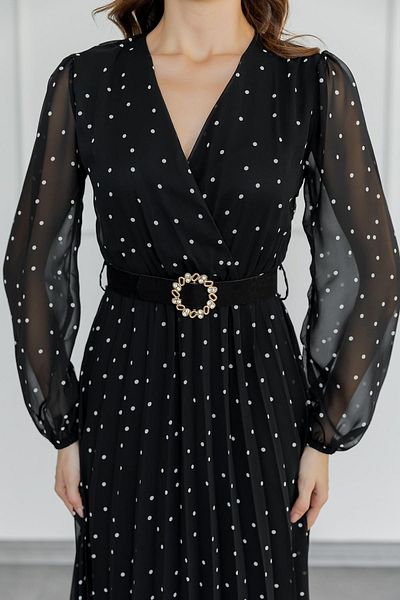 vuvutasarım Polka Dot Patterned Pleated Lined Chiffon Fabric Belt Detailed Flared Cut Midi Double Breasted Black Dress 091