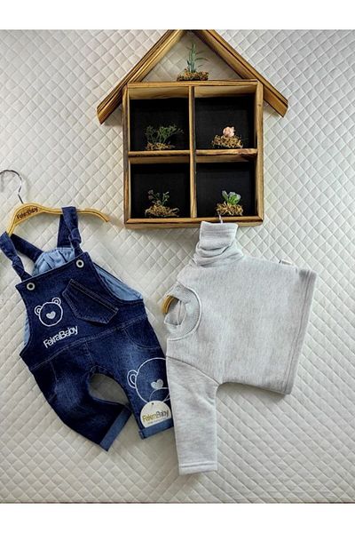 FEKRA BABY Baby Boy Buttoned Denim Salopet Jumpsuit and Long Sleeve Fleece Sweater Set of 2