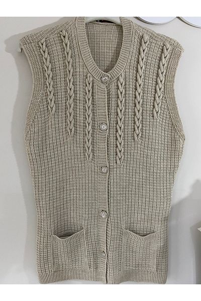sinankardeşler Women's Cream Pocketed Buttoned Knitted Pattern Large Size Mother Vest