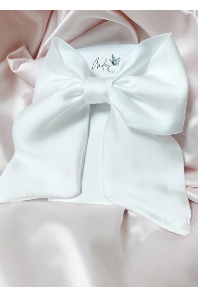 Andes Butik Beyaz Saten Gelin/Bride/Çocuk Fiyonk Kurdele Otomatik Saç Tokası