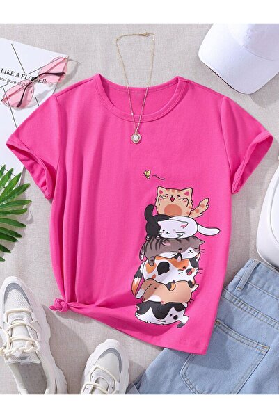 MANCY Παιδικά γατάκια με στάμπα βαμβακερή λαιμόκοψη Oversize μπλουζάκι