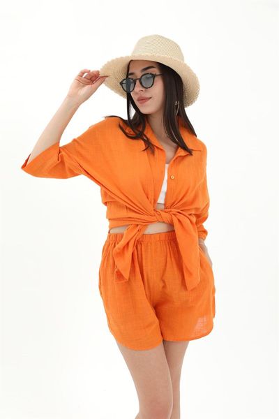 VAPUR TEKSTİL Cotton Linen Shorts Shirt Women's Two Piece Set - Fuchsia -  Trendyol