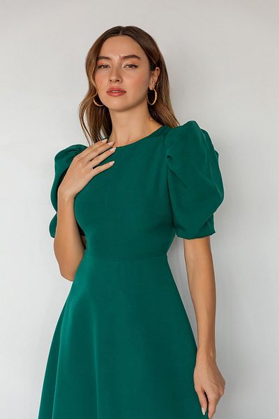 vuvutasarım Stretchy Crepe Fabric Balloon Sleeve Round Neck Midi Length Flared Green Dress 092