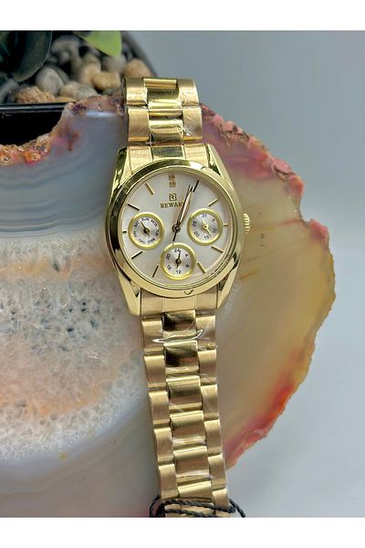 Reward Brand Gold Color Calendar Stylish Women's Wristwatch with Steel Band