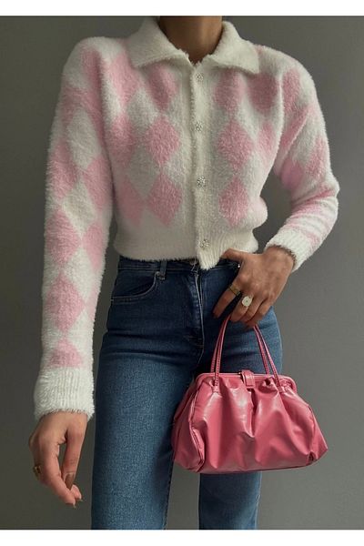GM Butikk Women's White Patterned Knitwear Plush Cardigan