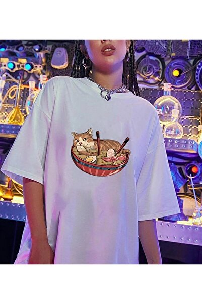 Le Savu تي شيرت مطبوع عليه قطة على اللوحة باللون الأبيض للجنسين مقاس كبير Le Savu