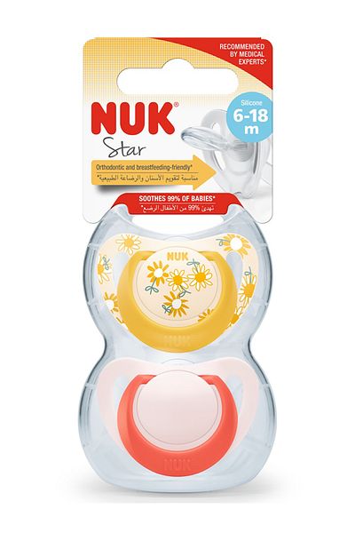 Nuk Set of 2 Silicone Pacifiers - 6-18 Months with Storage Box, Yellow and Pink