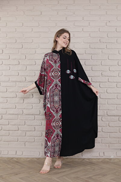 mervemoda Rochie țesută cu guler înalt pentru femei, neagră, roșu Claret