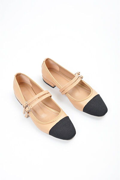 Volare Shoes Kadın Çift Bant Günlük Mat Siyah Burun Detaylı Bej Babet Betty
