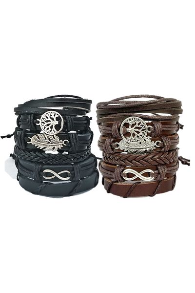 BSN Store 2 Set of 12 Pieces Infinity Leaf Genuine Leather Bracelet with Tree of Life Figure