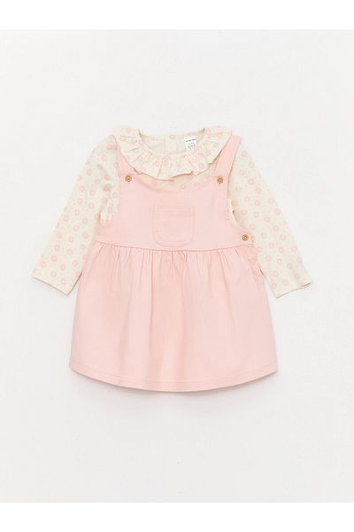 LC Waikiki Crew Neck Long Sleeve Baby Girl Blouse and Salopet Dress 2 Pieces Set