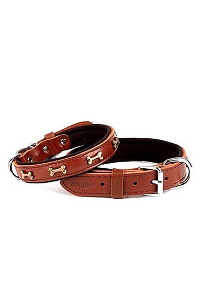 Doggie طوق كلب من الجلد المريح مزين بالعظم بني متوسط 2.5x37-45 سم