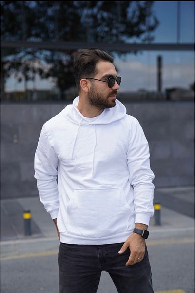 Store ModaEN سويت شيرت أبيض بغطاء للرأس (بدون طباعة - 2 خيوط - شاردون)