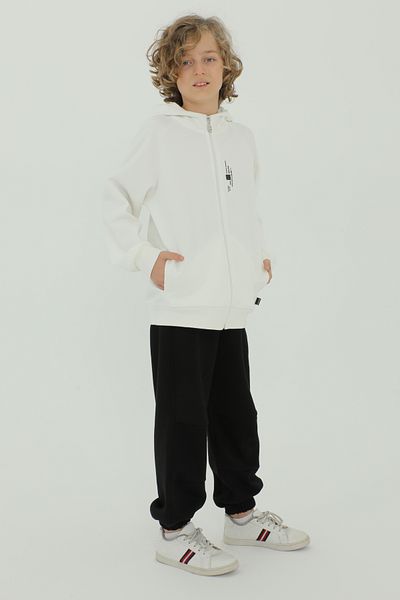 Black One Hooded Printed Cotton Pique Boy's 2-Piece Top and Bottom Tracksuit Set