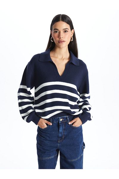 LC Waikiki Pulover de damă cu mânecă lungă cu dungi cu gât polo