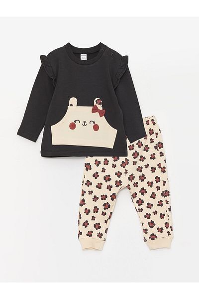LC Waikiki Crew Neck Long Sleeve Printed Baby Girl Sweatshirt and Trousers 2-Piece Set