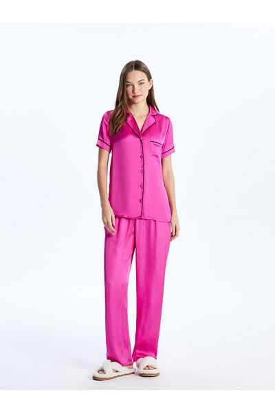 LC Waikiki Hemdkragen, schlichtes, kurzärmliges Satin-Pyjama-Set für Damen