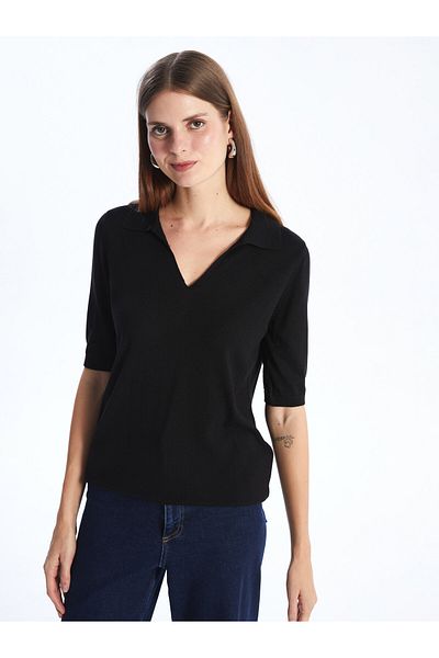 LC Waikiki Polo Neck Plain Short Sleeve Women's Knitwear Sweater