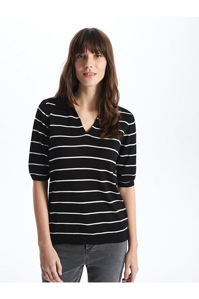 LC Waikiki Polo Neck Striped Short Sleeve Women's Knitwear Sweater - W40276Z8