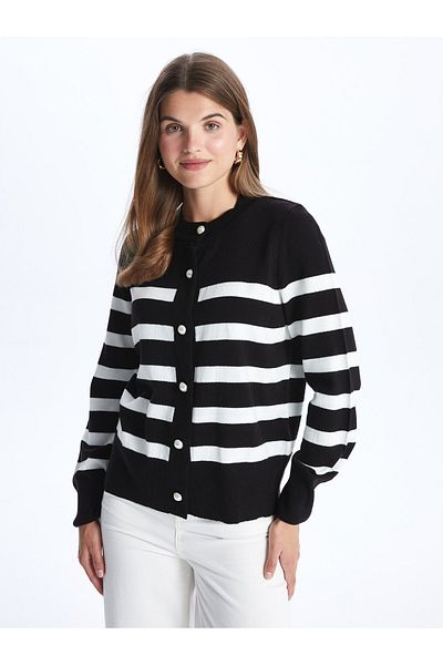 LC Waikiki Striped Crew Neck Long Sleeve Women's Knitwear Cardigan