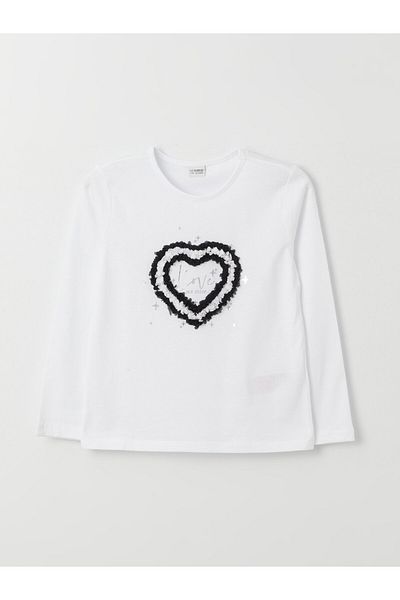 LC Waikiki Dziewczęcy T-shirt z długim rękawem i haftowanym dekoltem