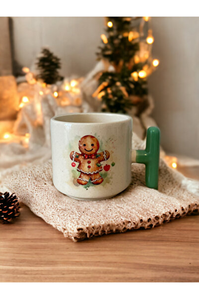 Suencu كوب سيراميك بتصميم خبز الزنجبيل الخاص بمقبض T أخضر