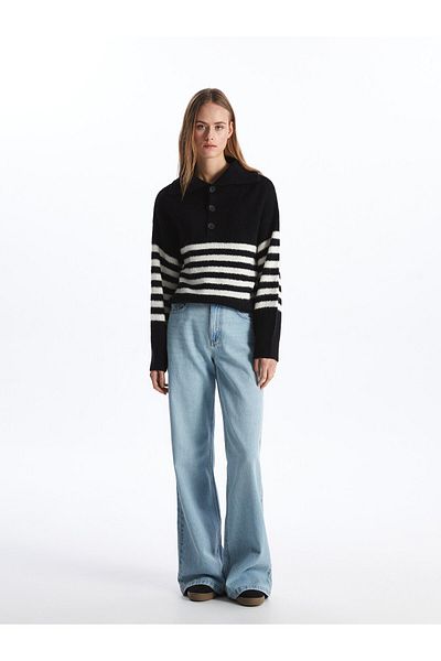 LC Waikiki Polo Neck Striped Long Sleeve Oversize Women's Knitwear Sweater