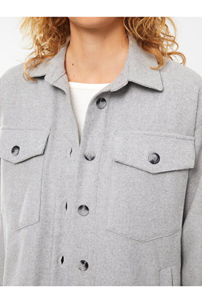 LC Waikiki Front Button Closure Straight Long Sleeve Women's Tweed Shirt Jacket
