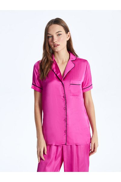 LC Waikiki Hemdkragen, schlichtes, kurzärmliges Satin-Pyjama-Set für Damen