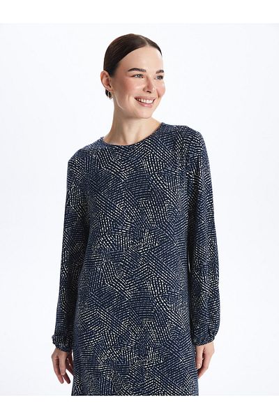 LC Waikiki Gemustertes, langärmliges A-Linien-Damenkleid mit Rundhalsausschnitt