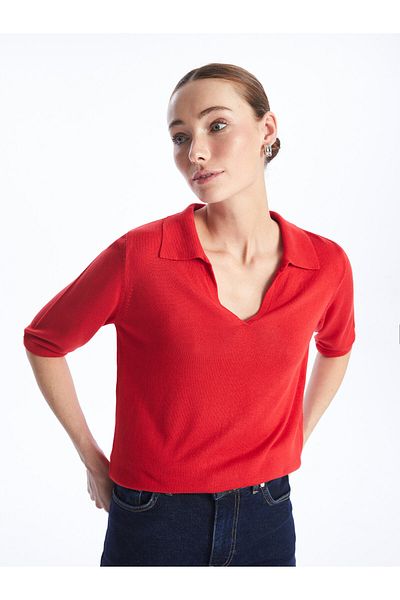 LC Waikiki Einfarbiger, kurzärmliger Strickpullover für Damen mit Polokragen