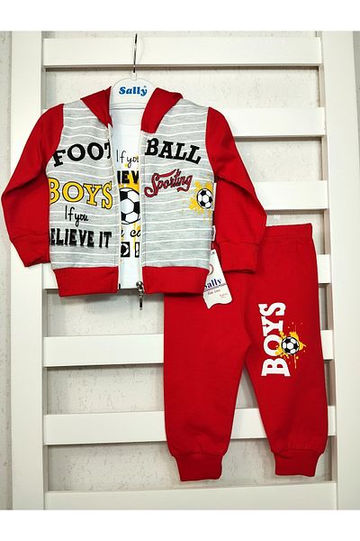 sally baby 2-thread Seasonal 3-Piece Set, Football Ball Pattern, Text, Zipper, Hooded Bottom and Top Set,