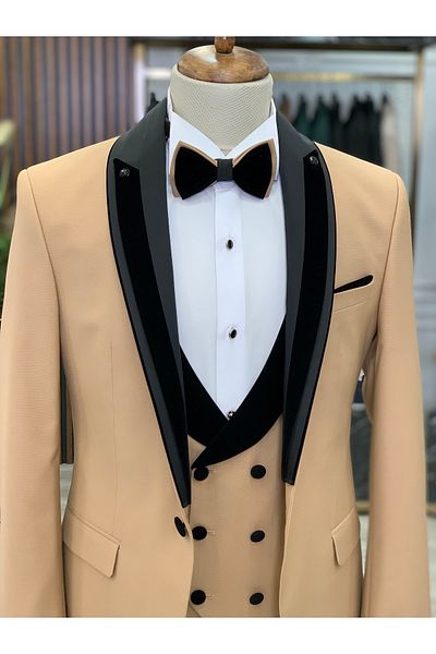 LONATOLİA Men's Tuxedo Groom Suit Italian Style Slim Fit Jacket Vest Pants Bow Tie-Cream