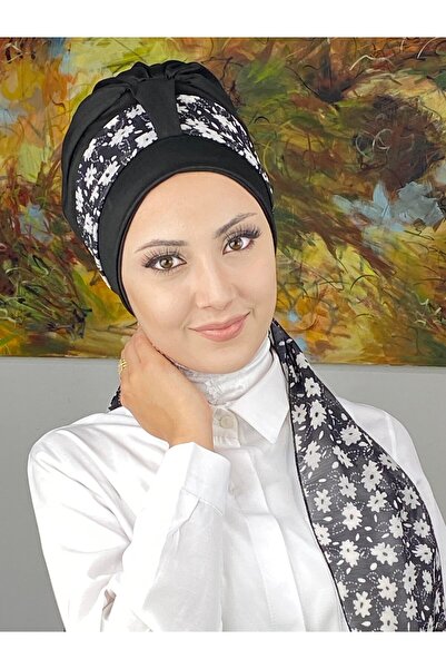 BUTİKAMBAR Tek Biritli Floral Desenli Fularlı Bone - Siyah - BUTİK AMBAR