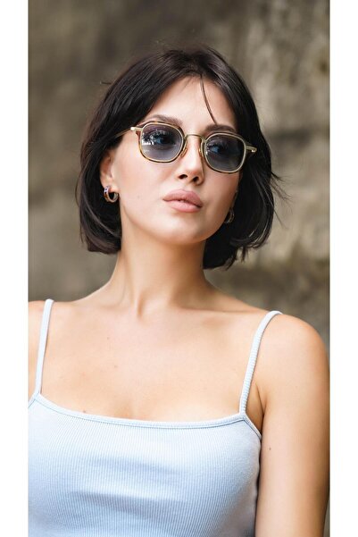 Angel Eyes نظارة شمسية نسائية مربعة بإطار جلد الفهد زجاج أزرق