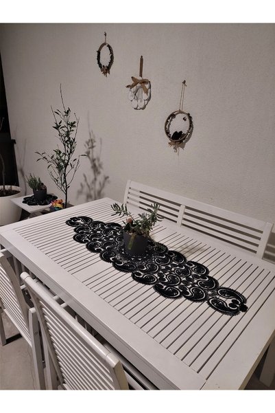 CAMİNHO DA LUA Damla Luxury Runner Living Room Coffee Table Table Cloth French Laced Dowry Holder Black