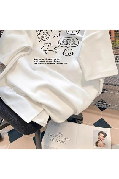 Touz Moda Retro Cartoon Cat με εμπριμέ λευκό μπλουζάκι Unisex Oversize