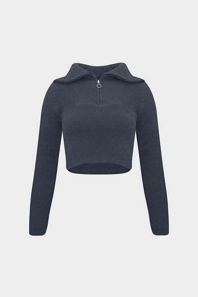 Açelya Okcu Premium Zipper Detailed Crop Women's Soft Knitwear Sweater