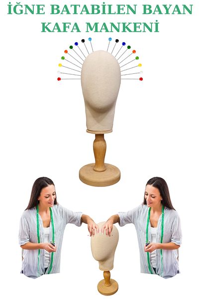 Manken İstanbul Upright and Horizontal Needle Covered Fabric with Wooden Stand Head Mannequin Wig Accessory Mannequin