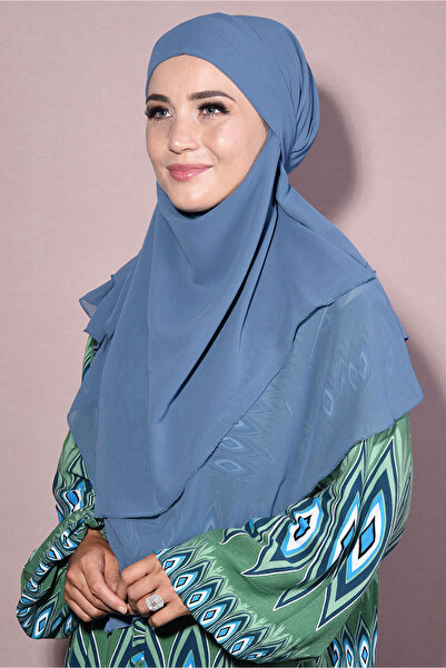 Tek Tesettür Giyim Χιτζάμπ σιφόν σουφλέ Khimar μεσαίου μήκους Indigo