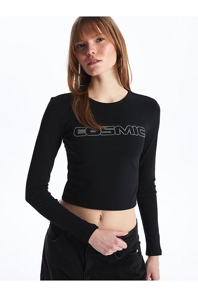 LC Waikiki Crew Neck Printed Long Sleeve Women's Crop
