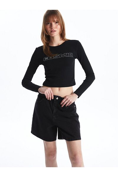 LC Waikiki Crew Neck Printed Long Sleeve Women's Crop