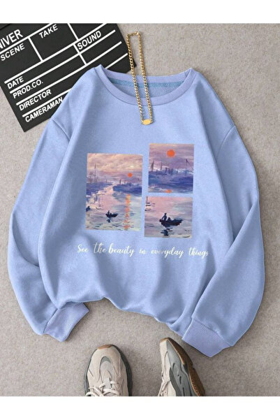 MODA Resimli Kışlık Sweatshirt - Bebe Mavi Baskılı Şardonlu Oversize Bisiklet Yaka