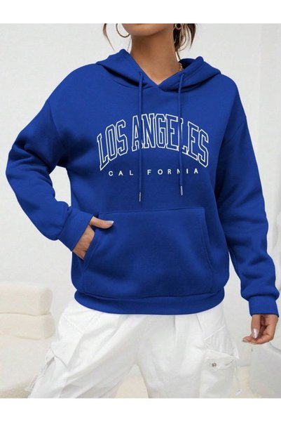 Generic Brand Los Angeles Winter Sweatshirt - Sax Blue Printed Ribbed Oversize Hoodie