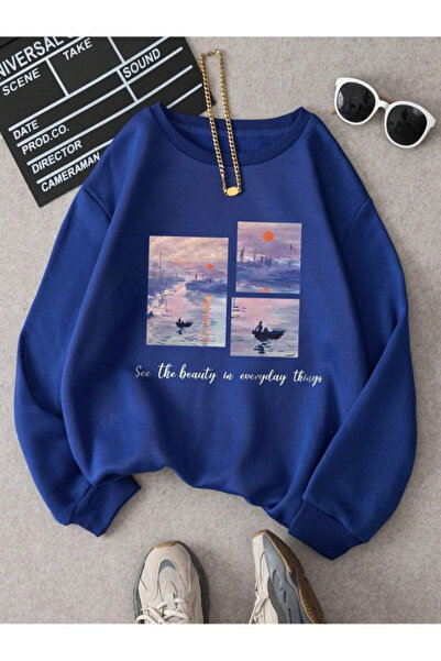 MODA Resimli Kışlık Sweatshirt - Sax Mavi Baskılı Şardonlu Oversize Bisiklet ...