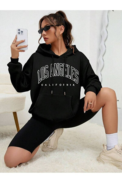 MODA سويت شيرت شتوي لوس أنجلوس - غطاء رأس كبير الحجم مطبوع باللون الأسود