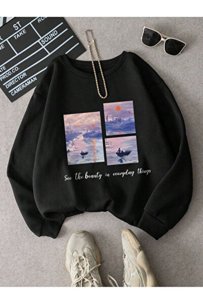 Resimli Kışlık Sweatshirt - Siyah Baskılı Şardonlu Oversize Bisiklet Yaka