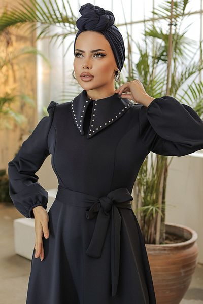 InStyle Φόρεμα Scuba με χάντρες με λεπτομέρεια με γιακά - Navy Blue