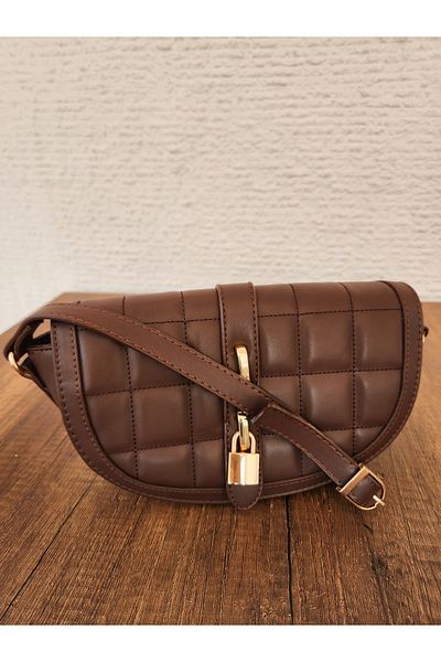 Mercan Stores Brown Quilted Design Stylish Minimal Hand and Shoulder Bag with Cross Strap and Lock Accessory