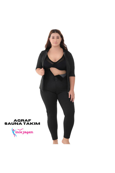 B BLUE KORSE Termal Sauna Takım Agraflı Taytlı Kısa Kol Fermuarlı Sauna Takım...